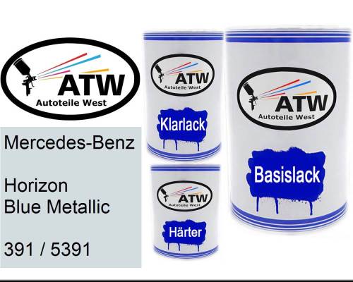 Mercedes-Benz, Horizon Blue Metallic, 391 / 5391: 500ml Lackdose + 500ml Klarlack + 250ml Härter - Set, von ATW Autoteile West.